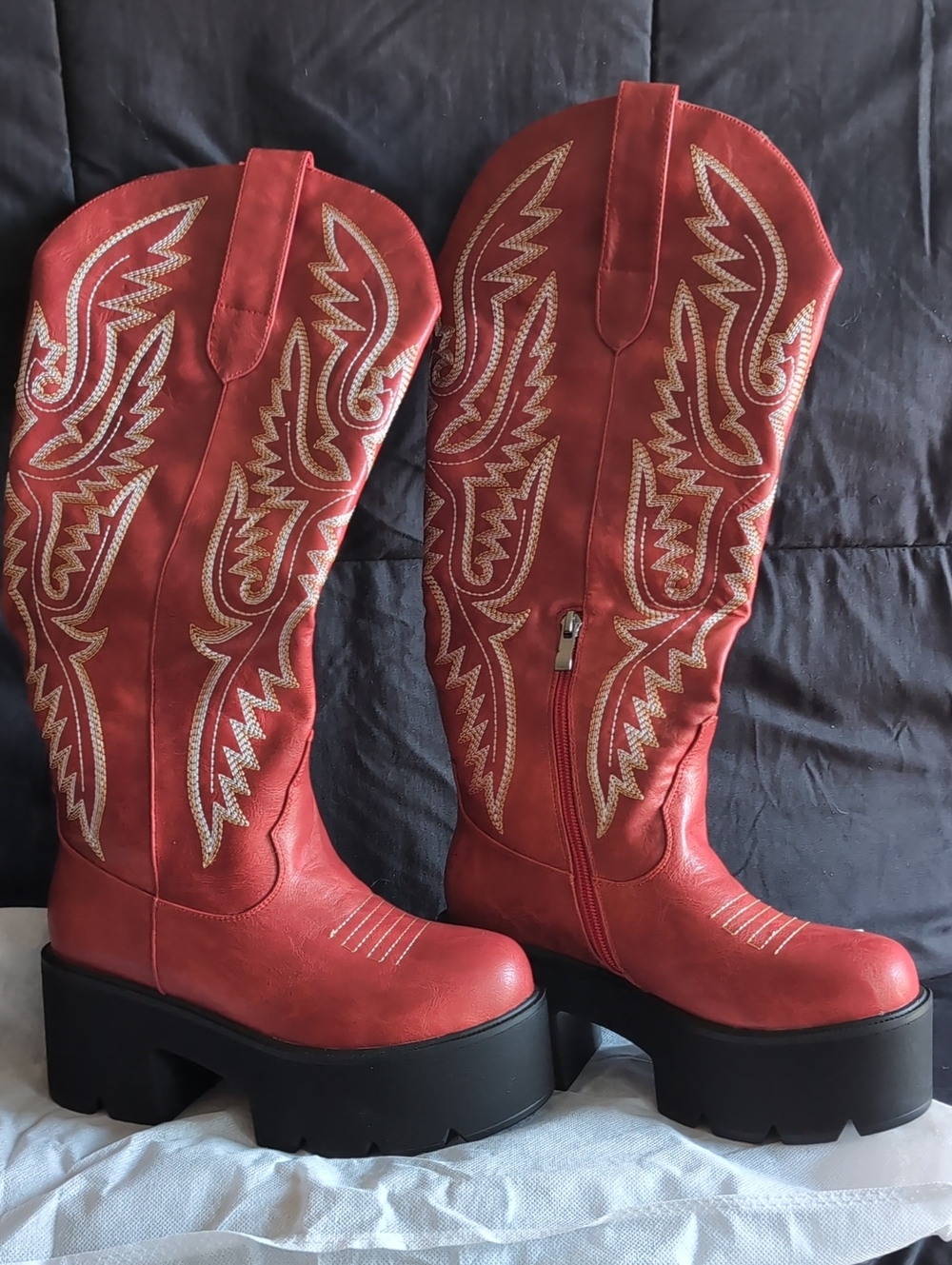 Red Lace-Up Platform Western-Inspired Knee-High Boots